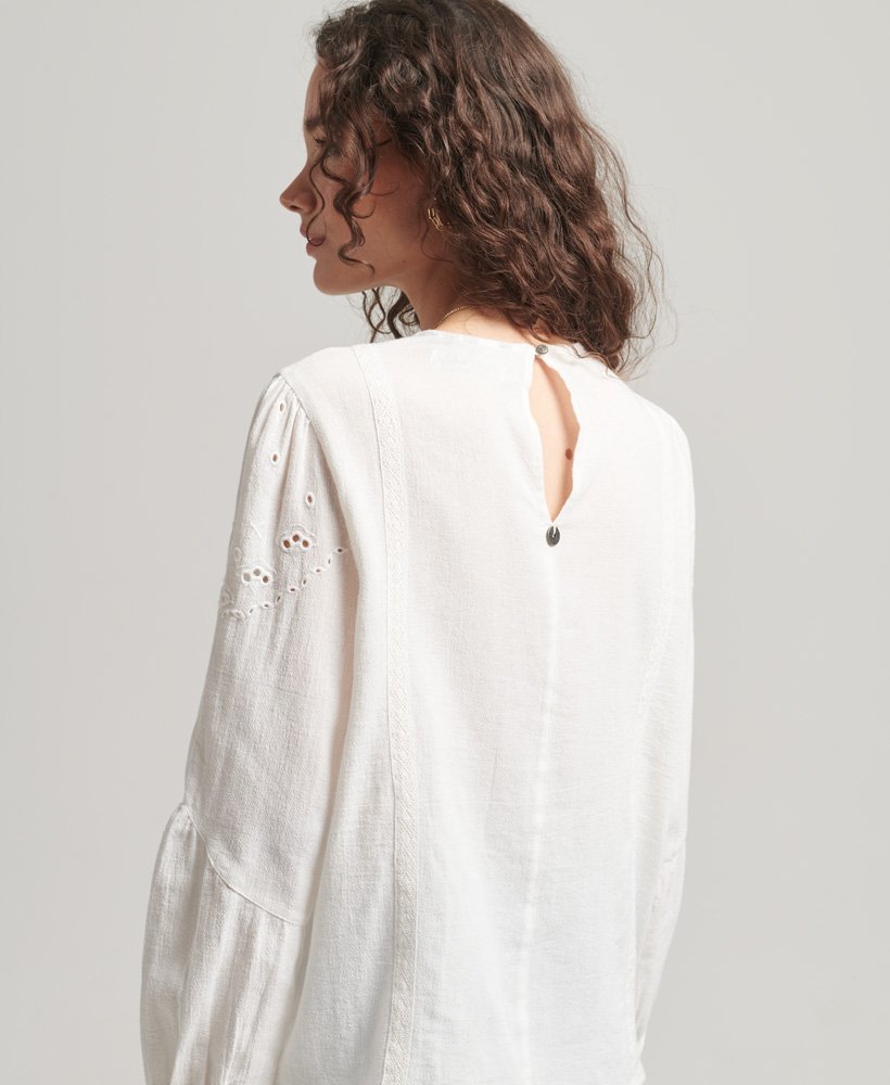 vintage top met lange mouwen en opengewerkt patroon in ecru