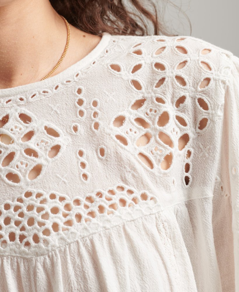 vintage top met lange mouwen en opengewerkt patroon in ecru