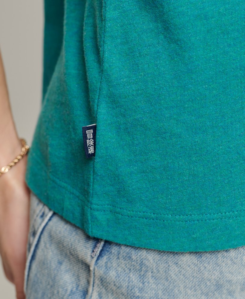 vest van biologisch katoen met vintage logo en borduursel in oceaanblauw gemêleerd