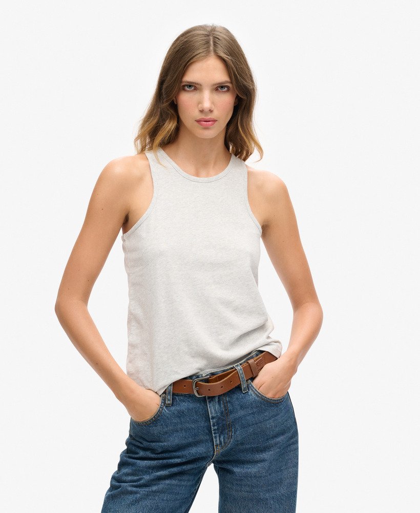 biologisch katoenen vest met vintage logo en borduursel in glacier grey marl.