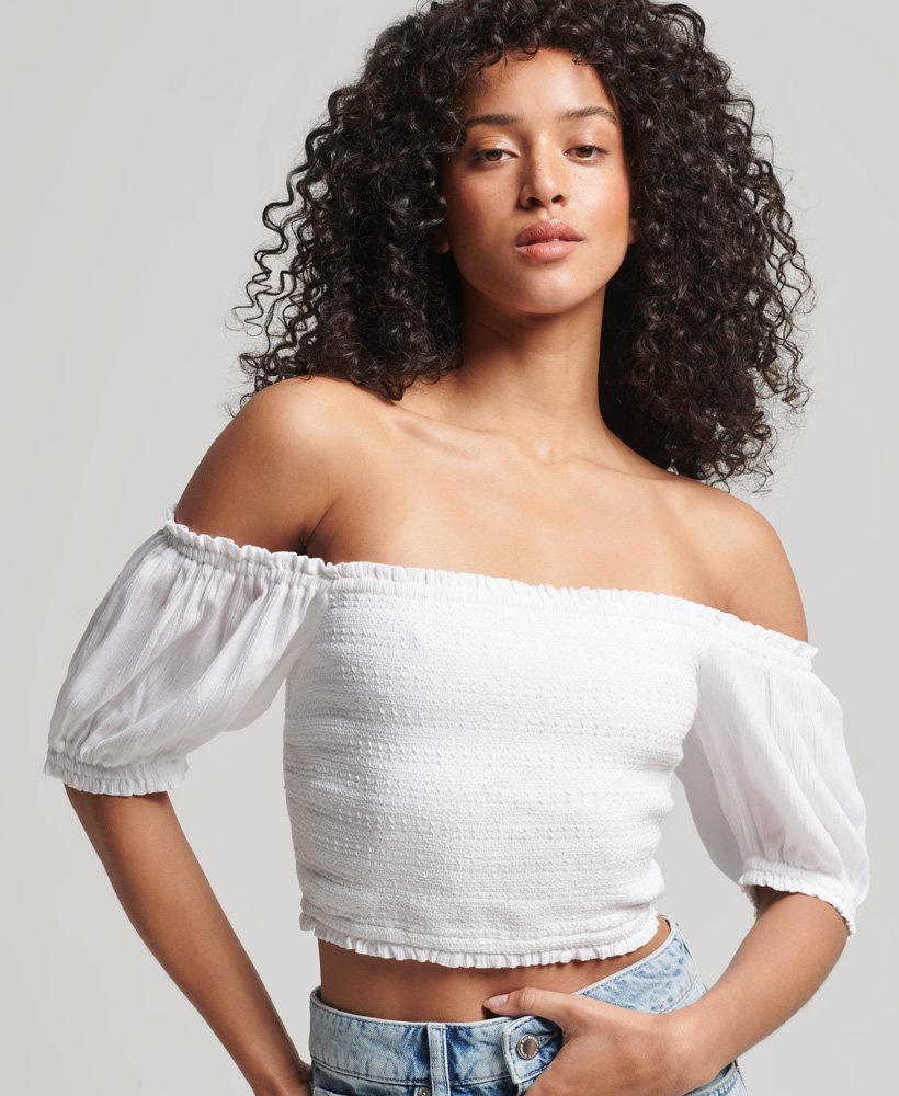 vintage crop top met smockwerk in stralend wit.