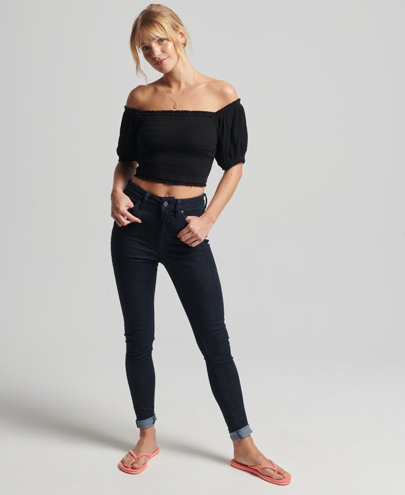 vintage crop top met smockwerk in zwart