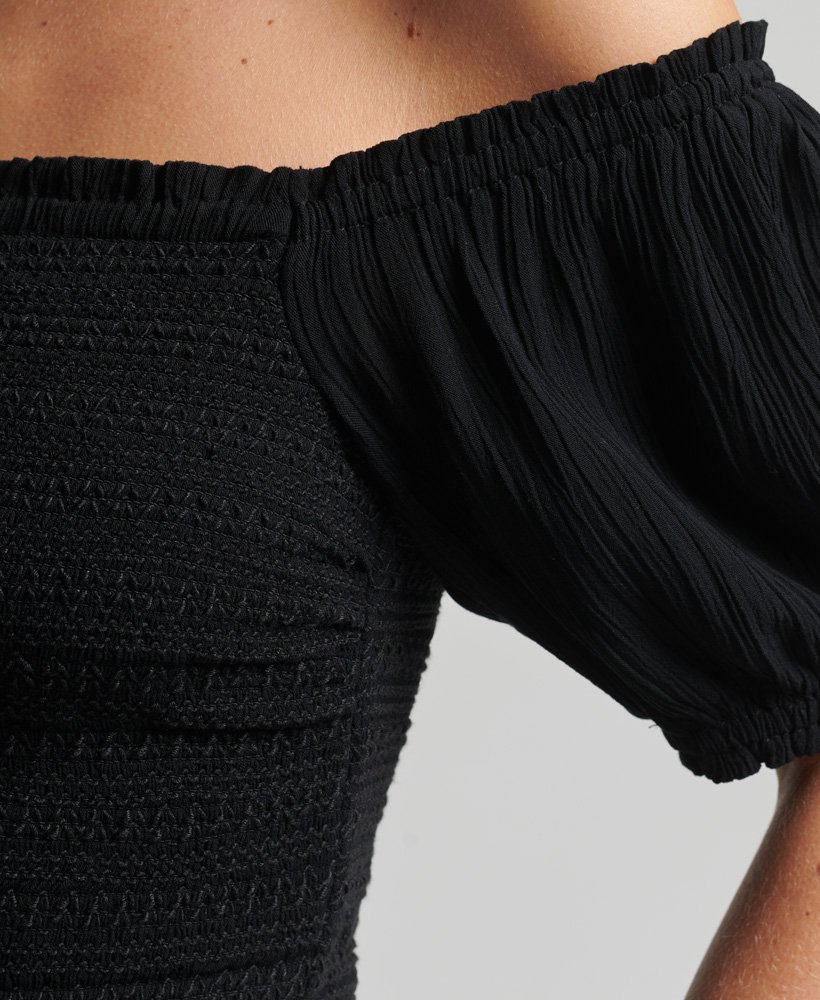 vintage crop top met smockwerk in zwart
