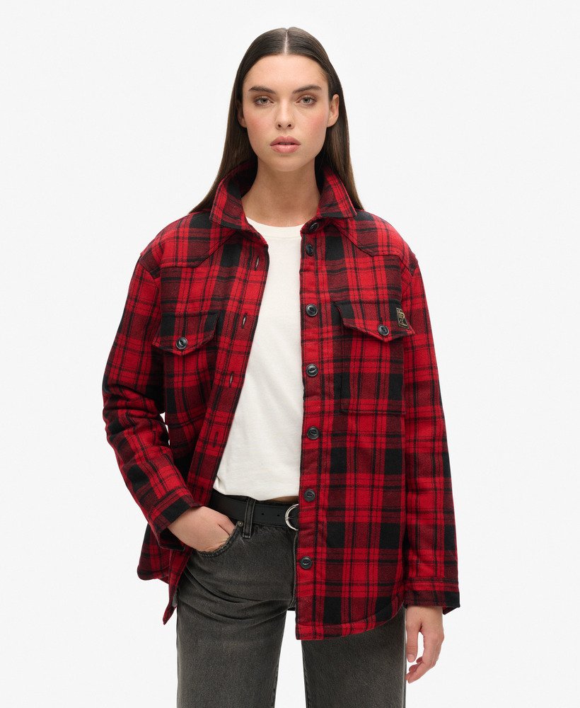 borg flanellen overshirt met ruitpatroon in rood.