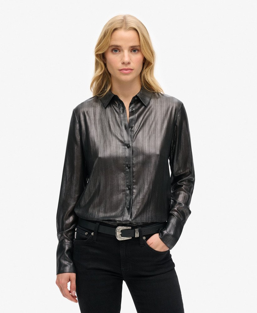 glittershirt met zwarte metallic strepen