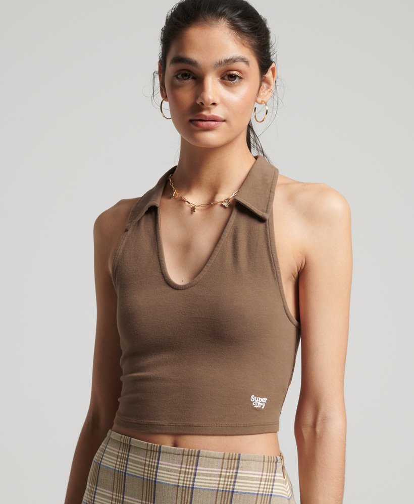 vintage crop top met kraag in cacaobruin.