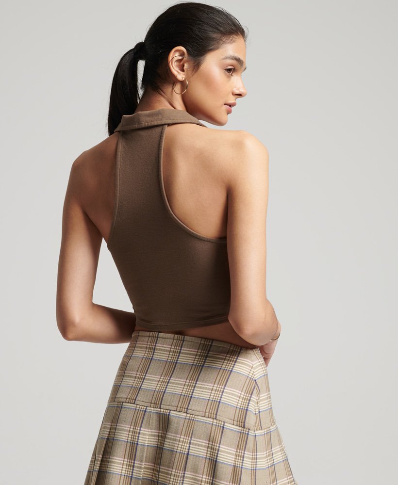 vintage crop top met kraag in cacaobruin.