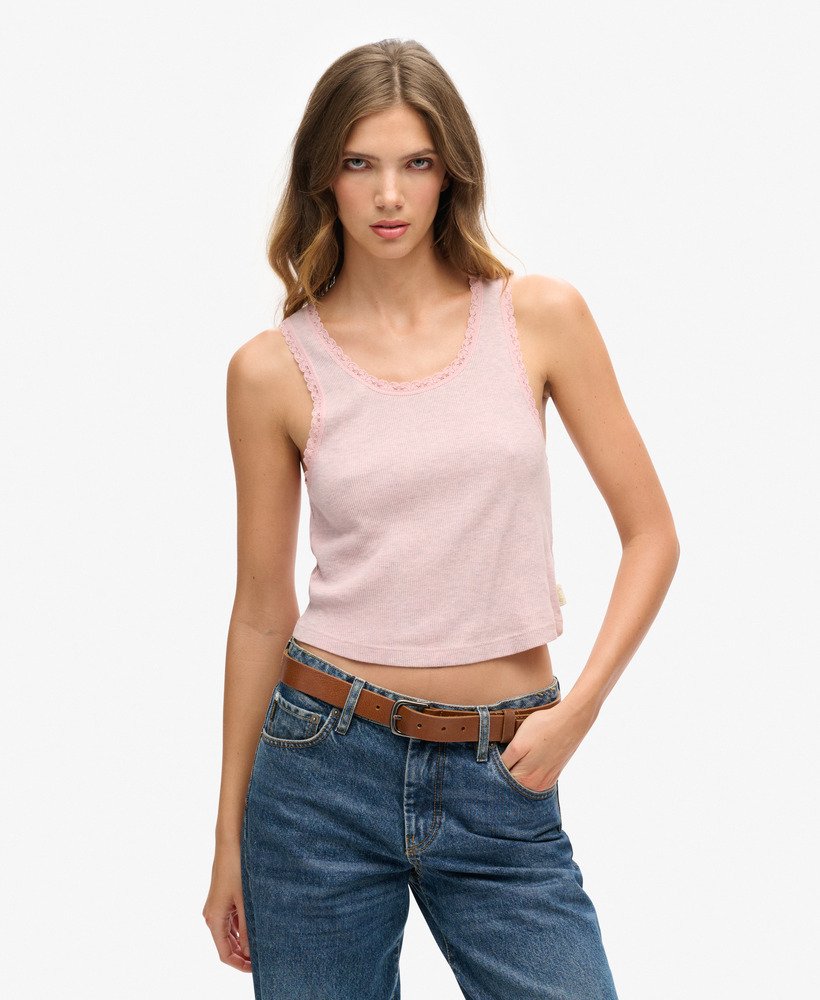 vintage vest van biologisch katoen met kanten afwerking in la soft pink marl.