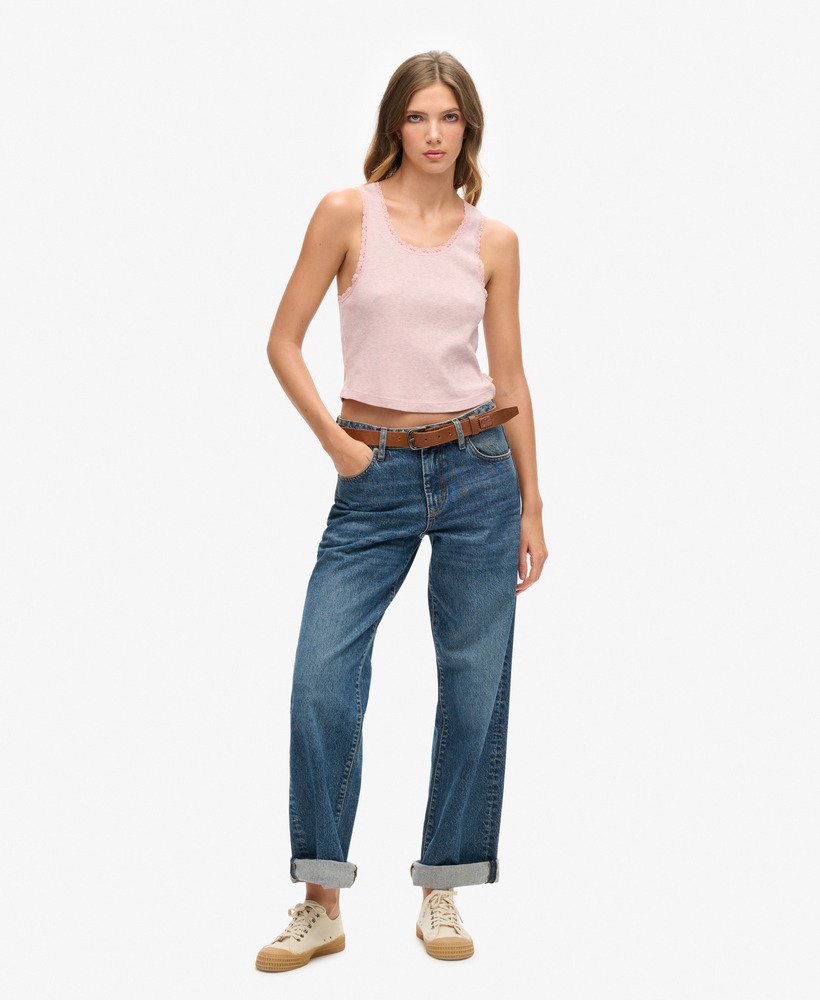 vintage vest van biologisch katoen met kanten afwerking in la soft pink marl.