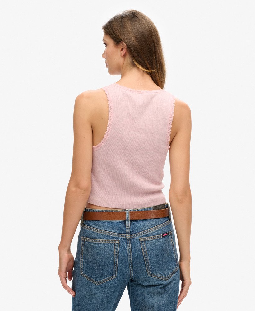vintage vest van biologisch katoen met kanten afwerking in la soft pink marl.