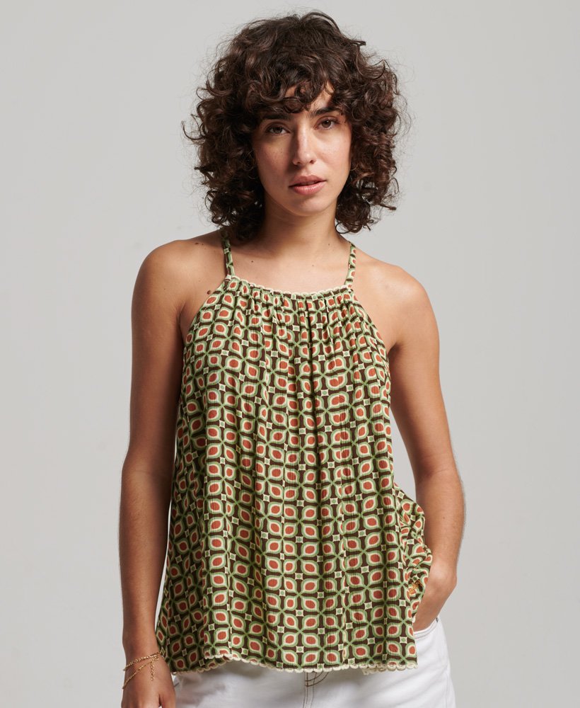 halter strandtop met camisole in retro tegelprint