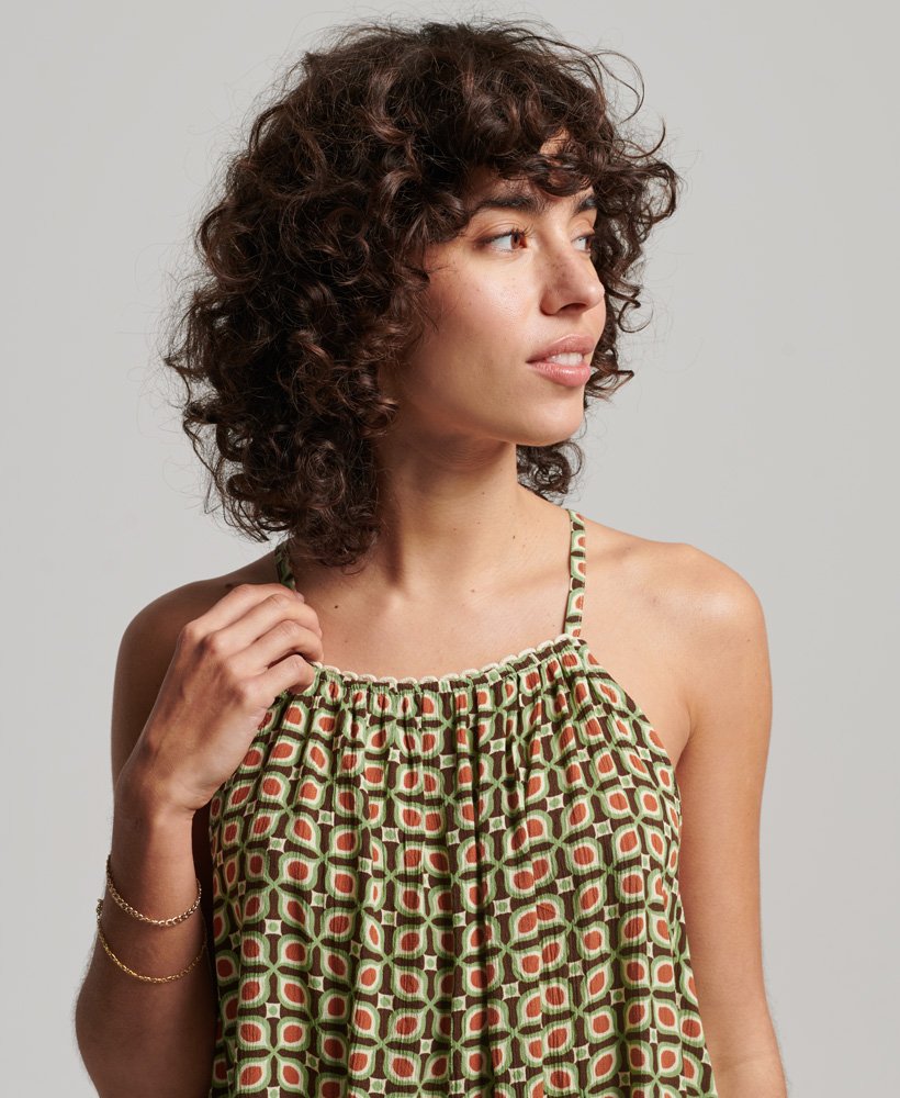 halter strandtop met camisole in retro tegelprint