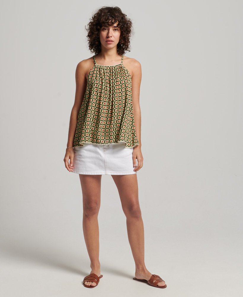 halter strandtop met camisole in retro tegelprint