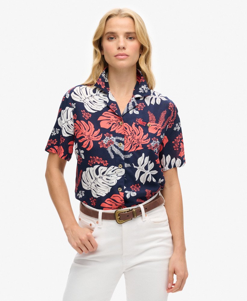 strandresortshirt in hawaïaans marineblauw