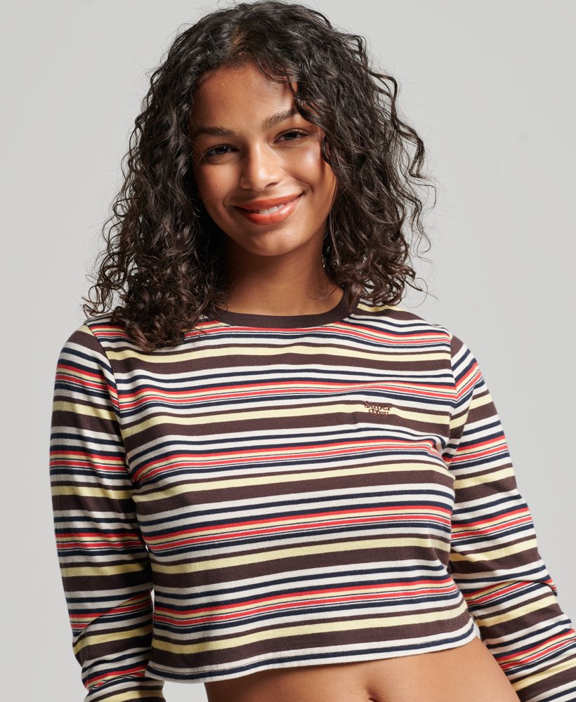 crop top met lange mouwen van biologisch katoen in vintage gestreepte bruine tinten.
