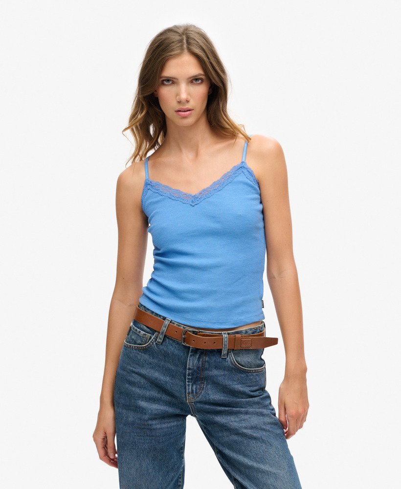 biologisch katoenen essential rib lace cami top in blush blue marg.