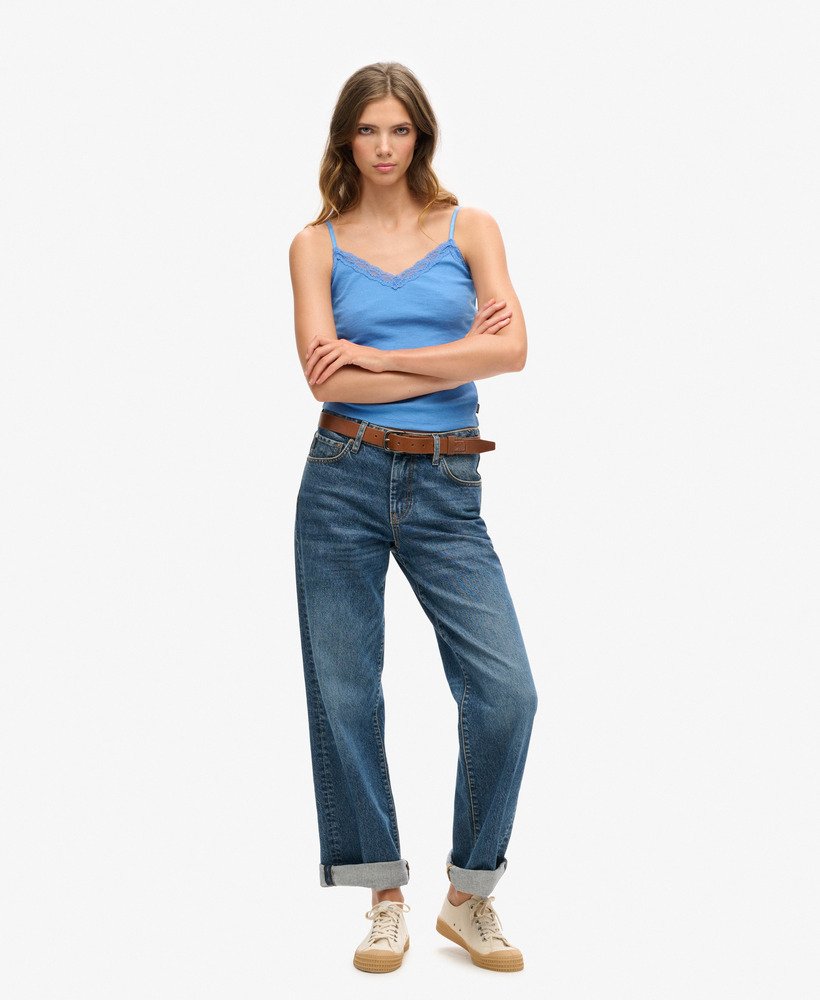 biologisch katoenen essential rib lace cami top in blush blue marg.