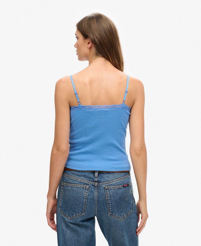 biologisch katoenen essential rib lace cami top in blush blue marg.