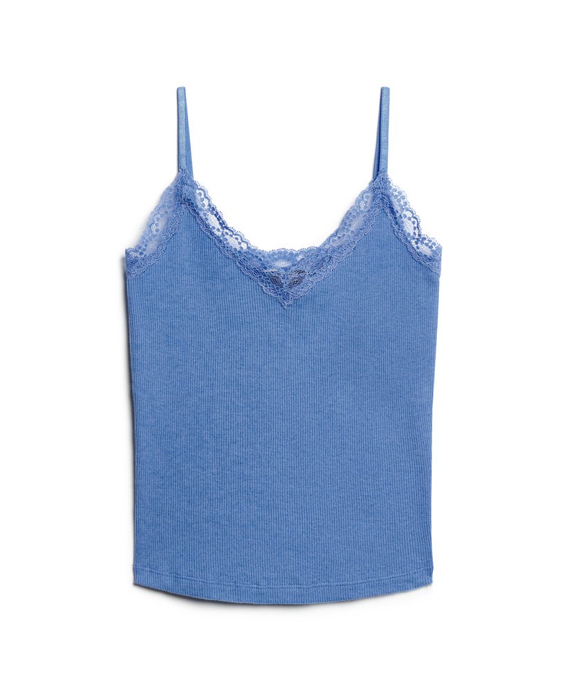 biologisch katoenen essential rib lace cami top in blush blue marg.
