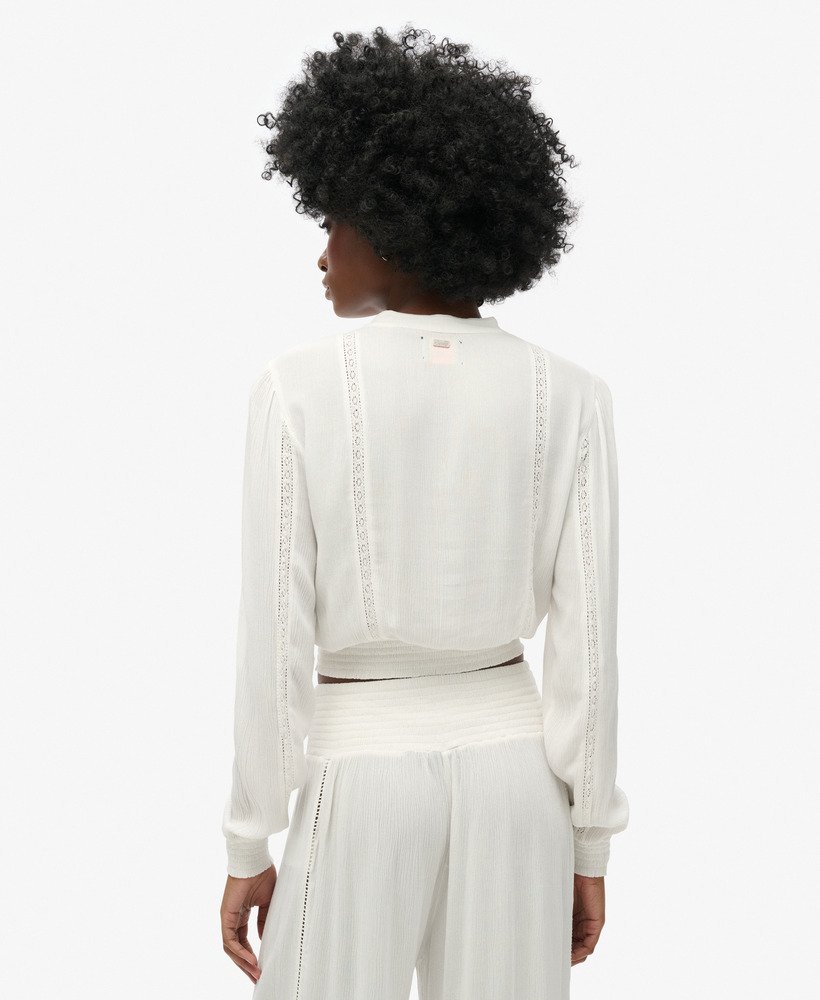 blouse met lange mouwen en kanten afwerking in ecru