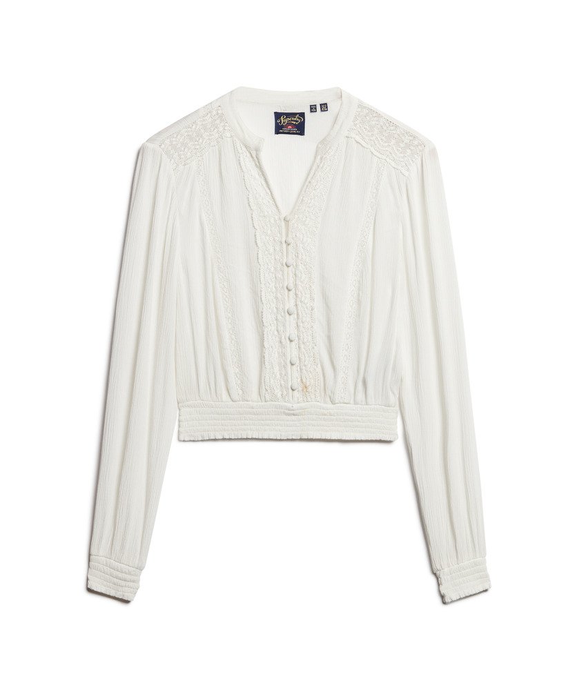 blouse met lange mouwen en kanten afwerking in ecru