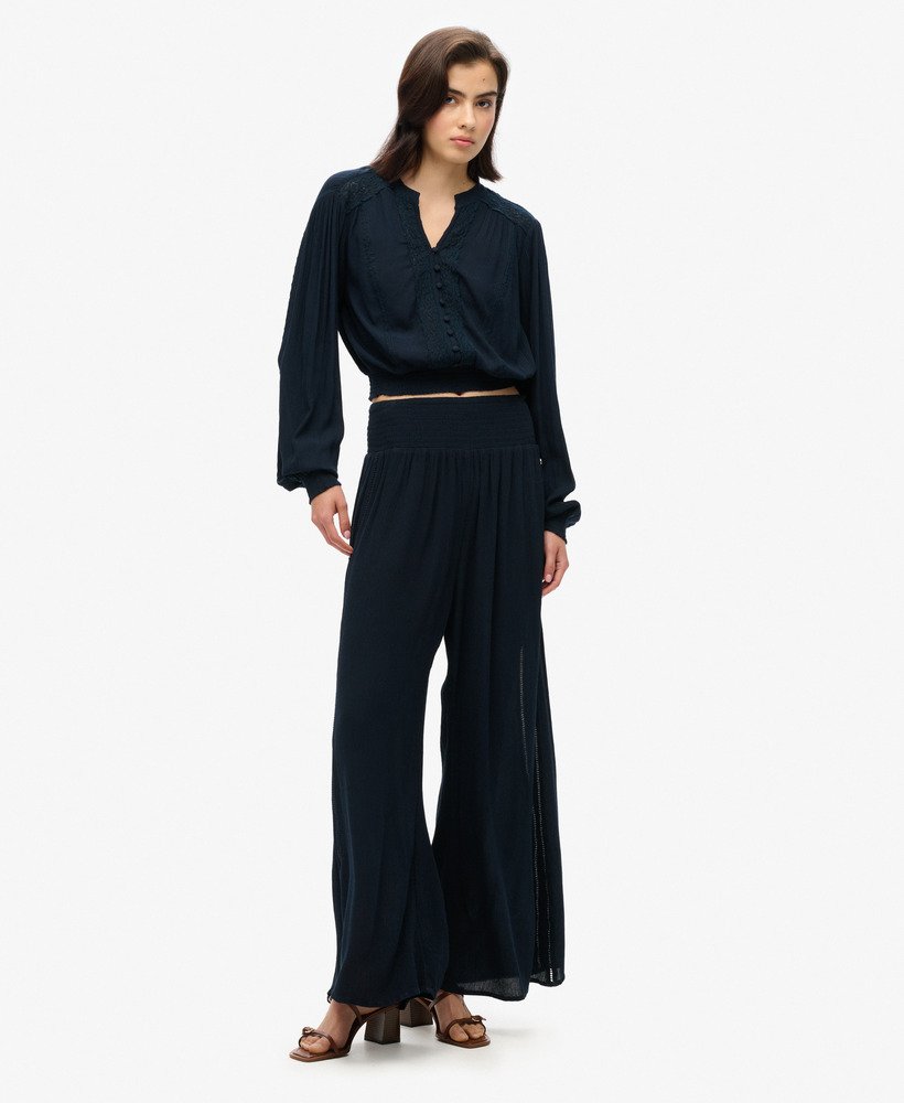 blouse met lange mouwen en kanten afwerking in eclipse navy