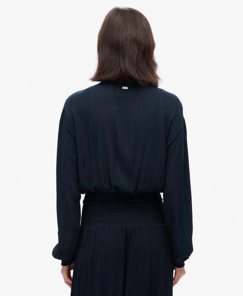 blouse met lange mouwen en kanten afwerking in eclipse navy