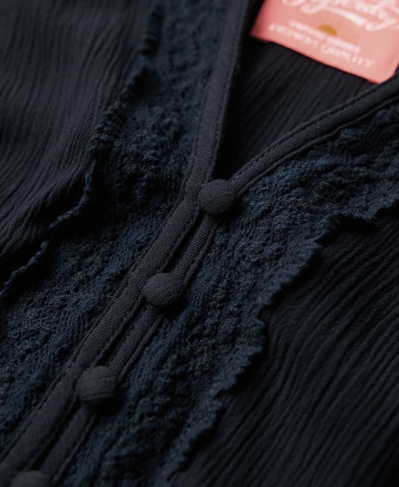 blouse met lange mouwen en kanten afwerking in eclipse navy