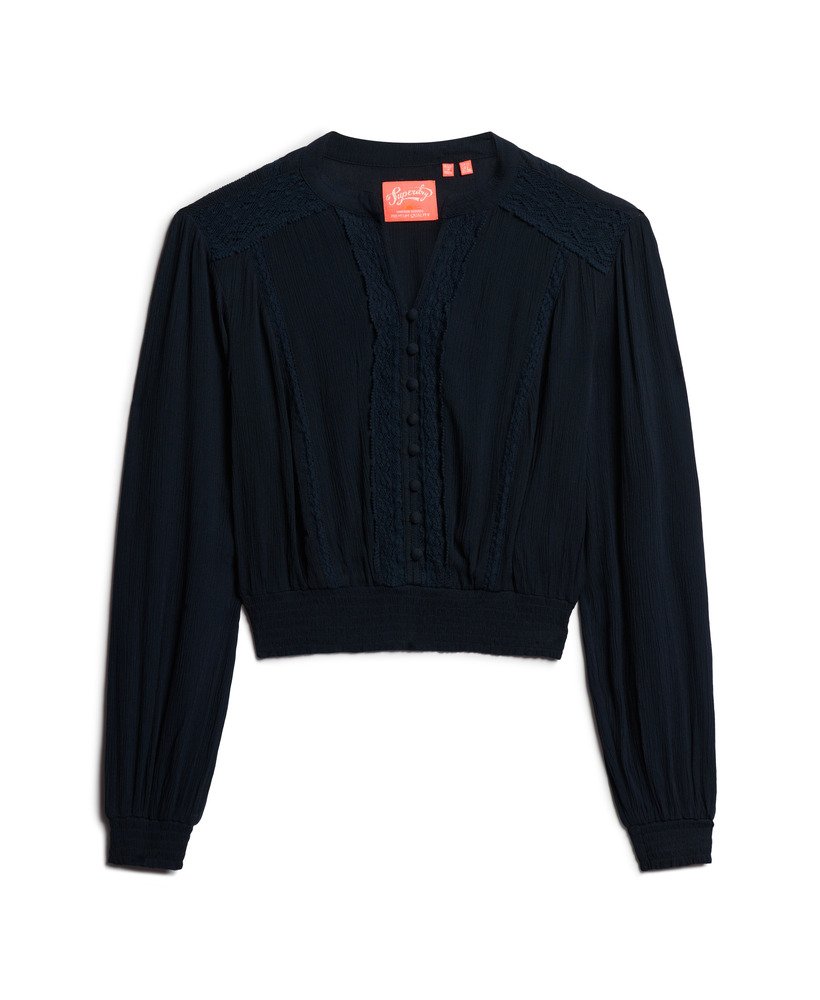 blouse met lange mouwen en kanten afwerking in eclipse navy