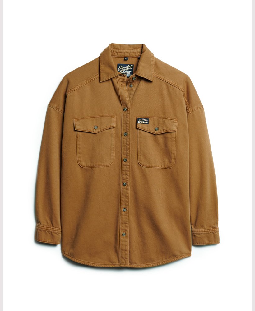 oversized denim shacket in karamelbruin.