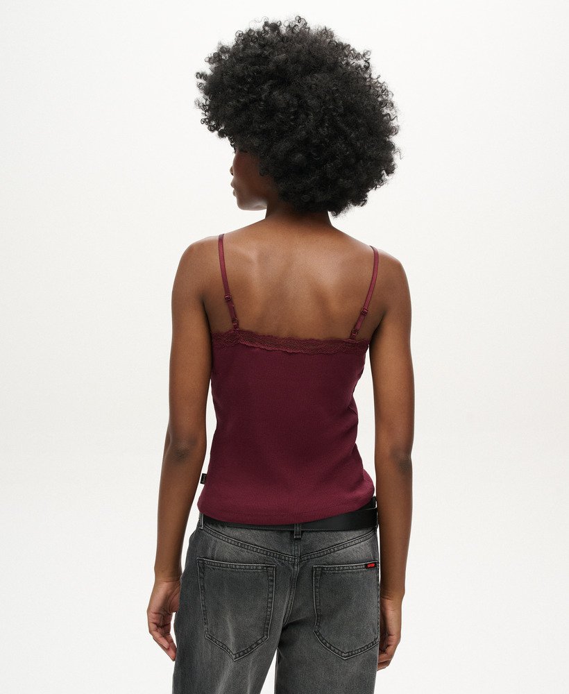 biologisch katoenen essential rib lace cami top in port red