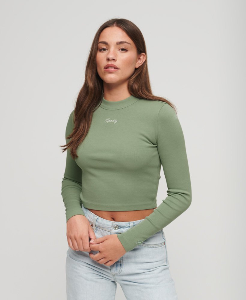 geribbelde crop top met lange mouwen en borduurwerk in licht jadegroen