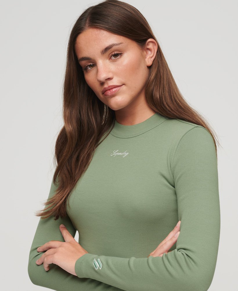 geribbelde crop top met lange mouwen en borduurwerk in licht jadegroen