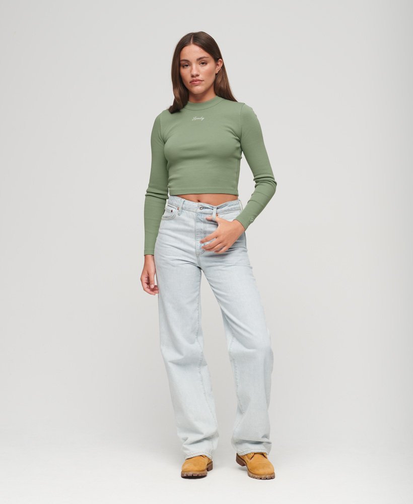 geribbelde crop top met lange mouwen en borduurwerk in licht jadegroen