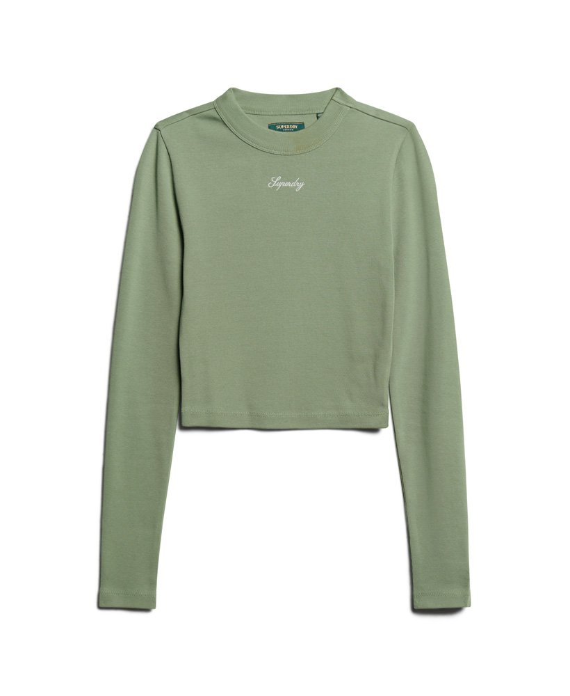 geribbelde crop top met lange mouwen en borduurwerk in licht jadegroen