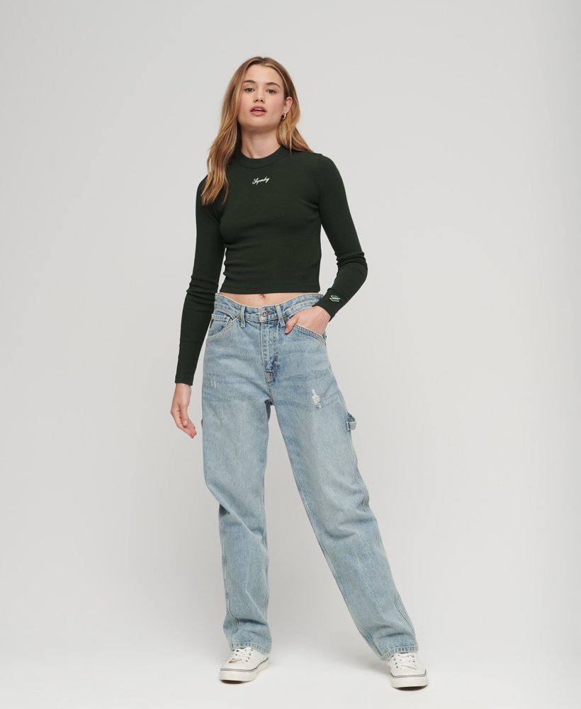 geribbelde crop top met lange mouwen en borduurwerk in donkergroen academy dark green