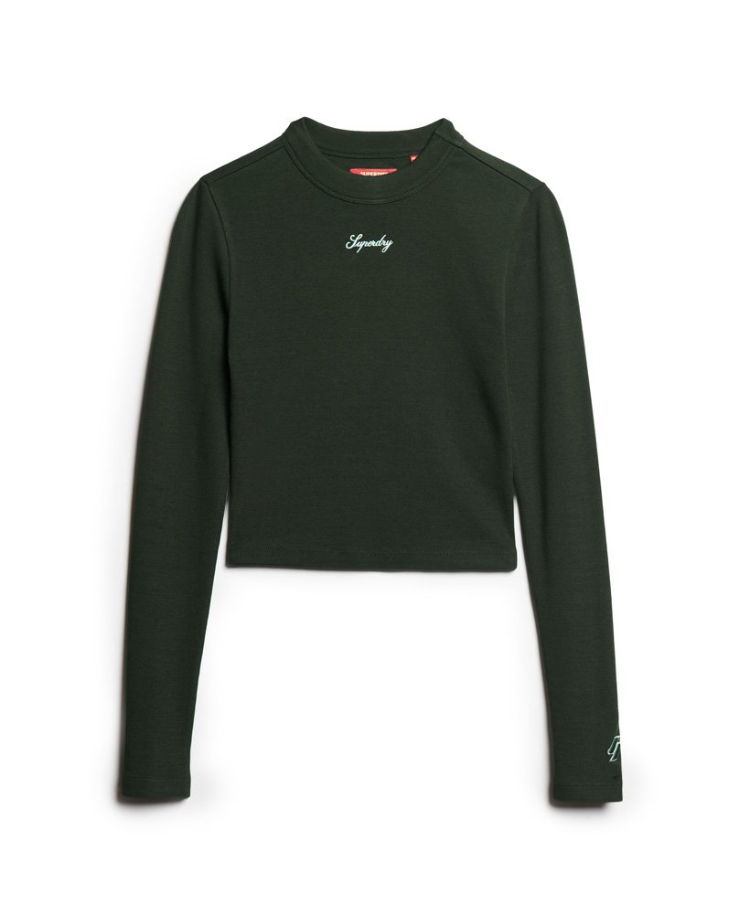 geribbelde crop top met lange mouwen en borduurwerk in donkergroen academy dark green