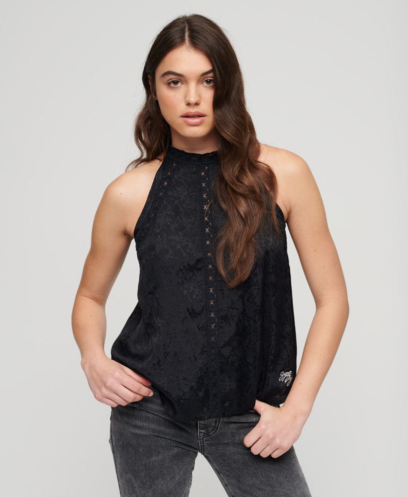mouwloze top met hoge hals van kant in urban zwart