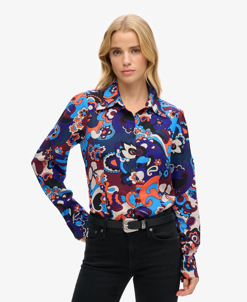 getailleerd overhemd met print uit de jaren 70 in cindy blue.