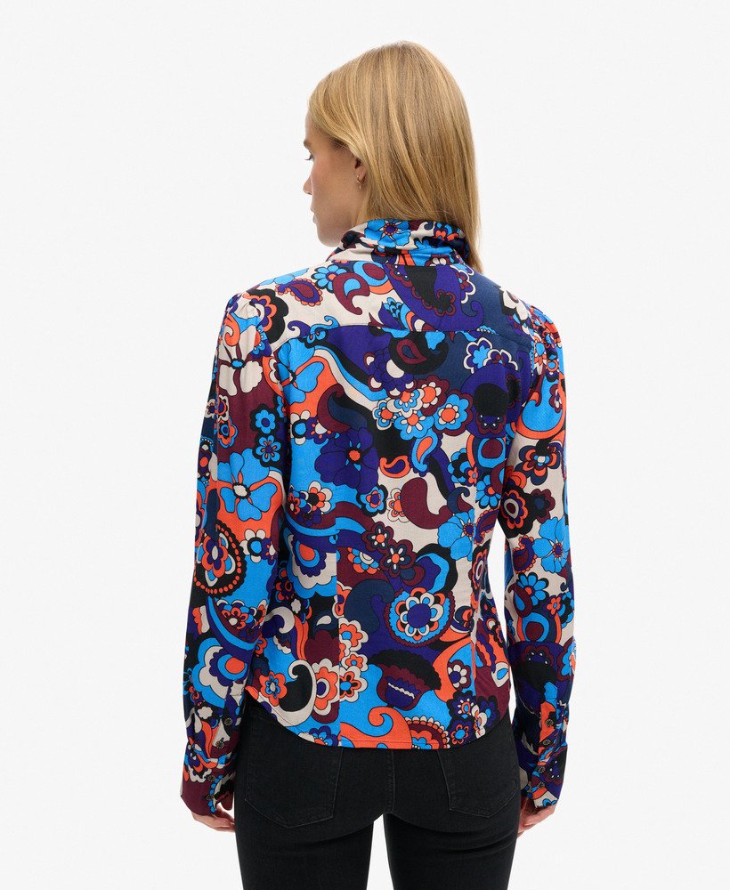 getailleerd overhemd met print uit de jaren 70 in cindy blue.