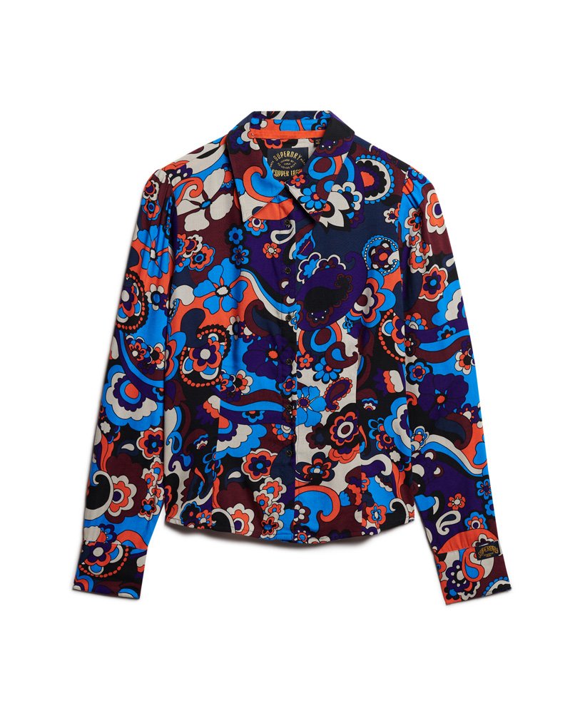 getailleerd overhemd met print uit de jaren 70 in cindy blue.