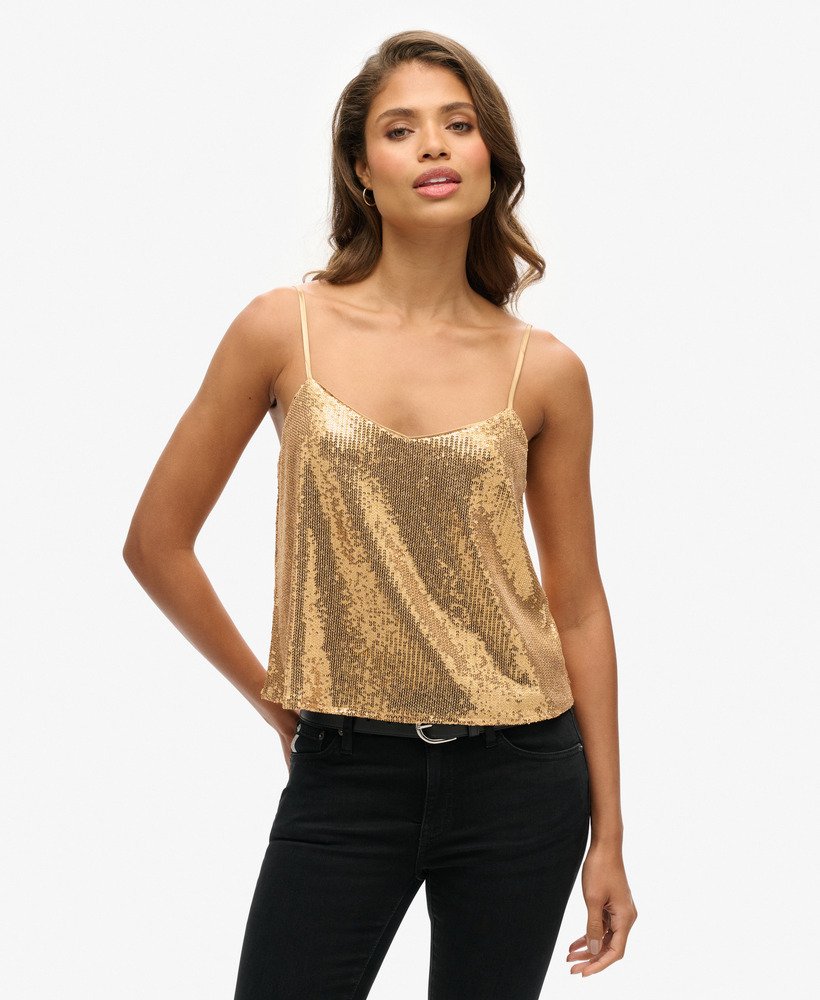 cami-topje met pailletten in champagnekleurige goudkleurige uitvoering