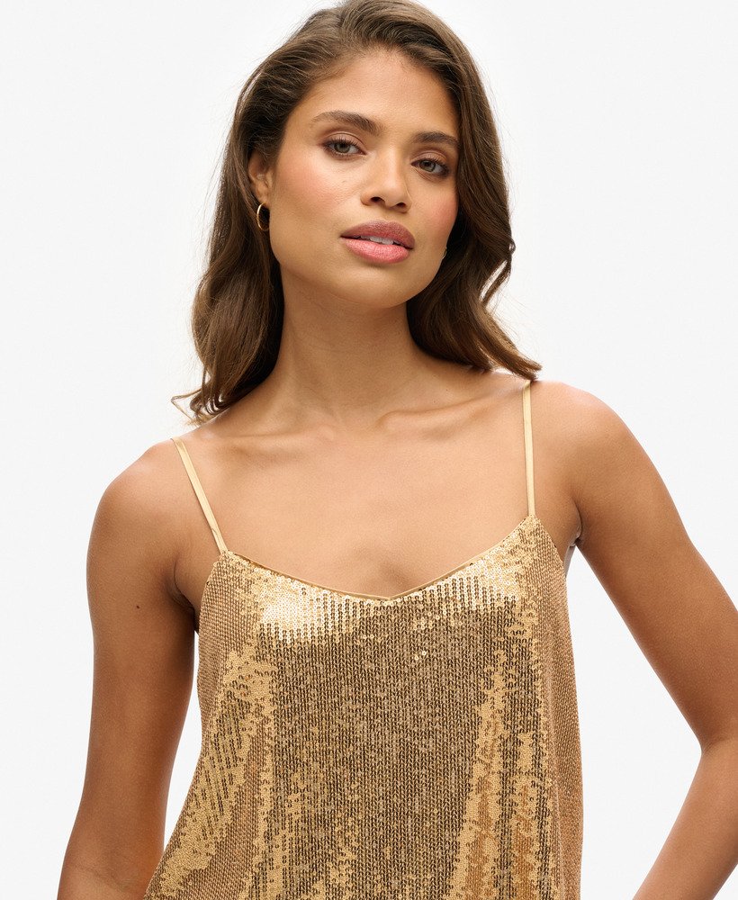 cami-topje met pailletten in champagnekleurige goudkleurige uitvoering