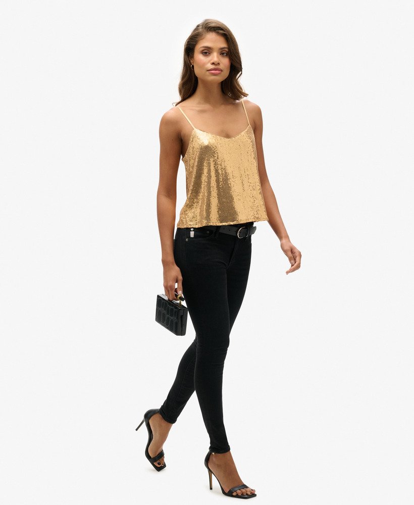 cami-topje met pailletten in champagnekleurige goudkleurige uitvoering