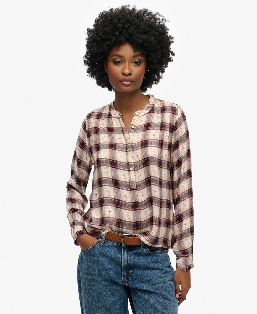 blouse met lange mouwen en ruitpatroon in rood jacquard.