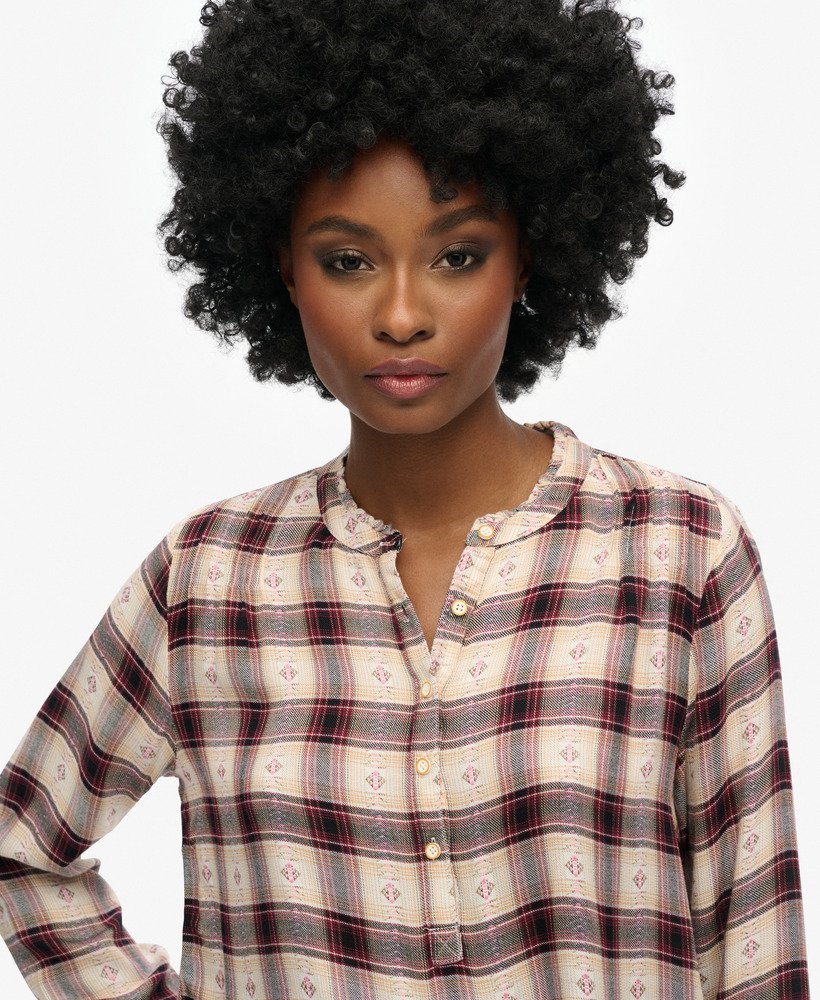blouse met lange mouwen en ruitpatroon in rood jacquard.