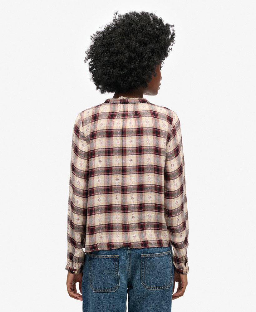 blouse met lange mouwen en ruitpatroon in rood jacquard.