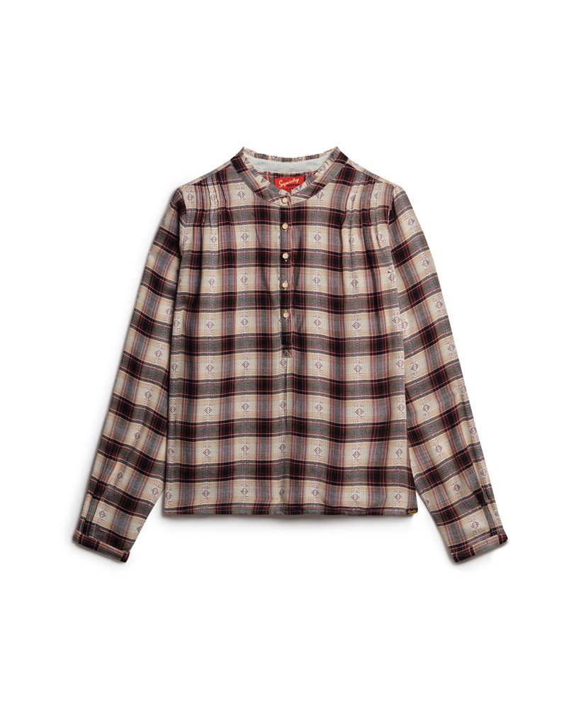 blouse met lange mouwen en ruitpatroon in rood jacquard.