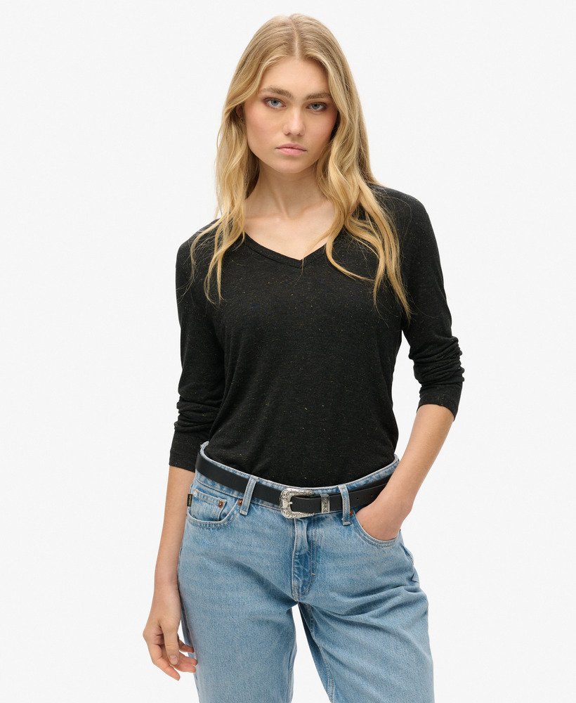 jersey top met lange mouwen en v-hals in zwart metallic