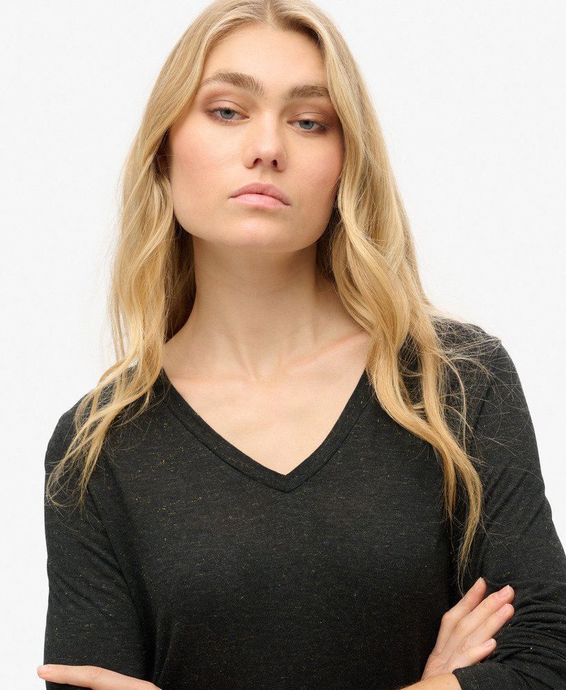 jersey top met lange mouwen en v-hals in zwart metallic
